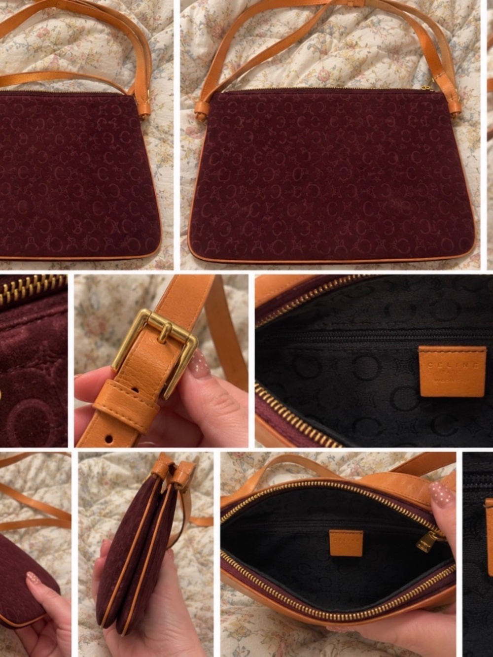 Vintage Celine C Macadam suede shoulder/crossbody bag in a rich burgundy color w